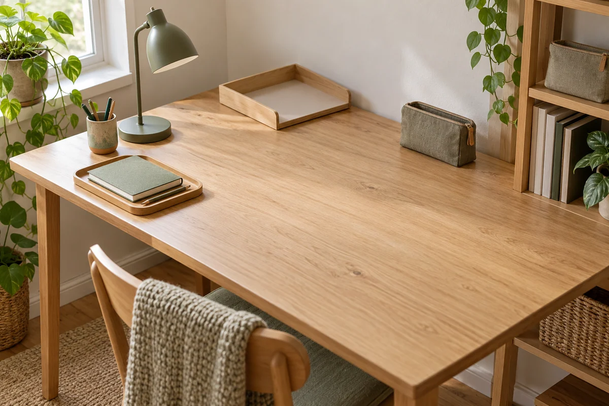 A shared desk with grouped stationery and a notebook.