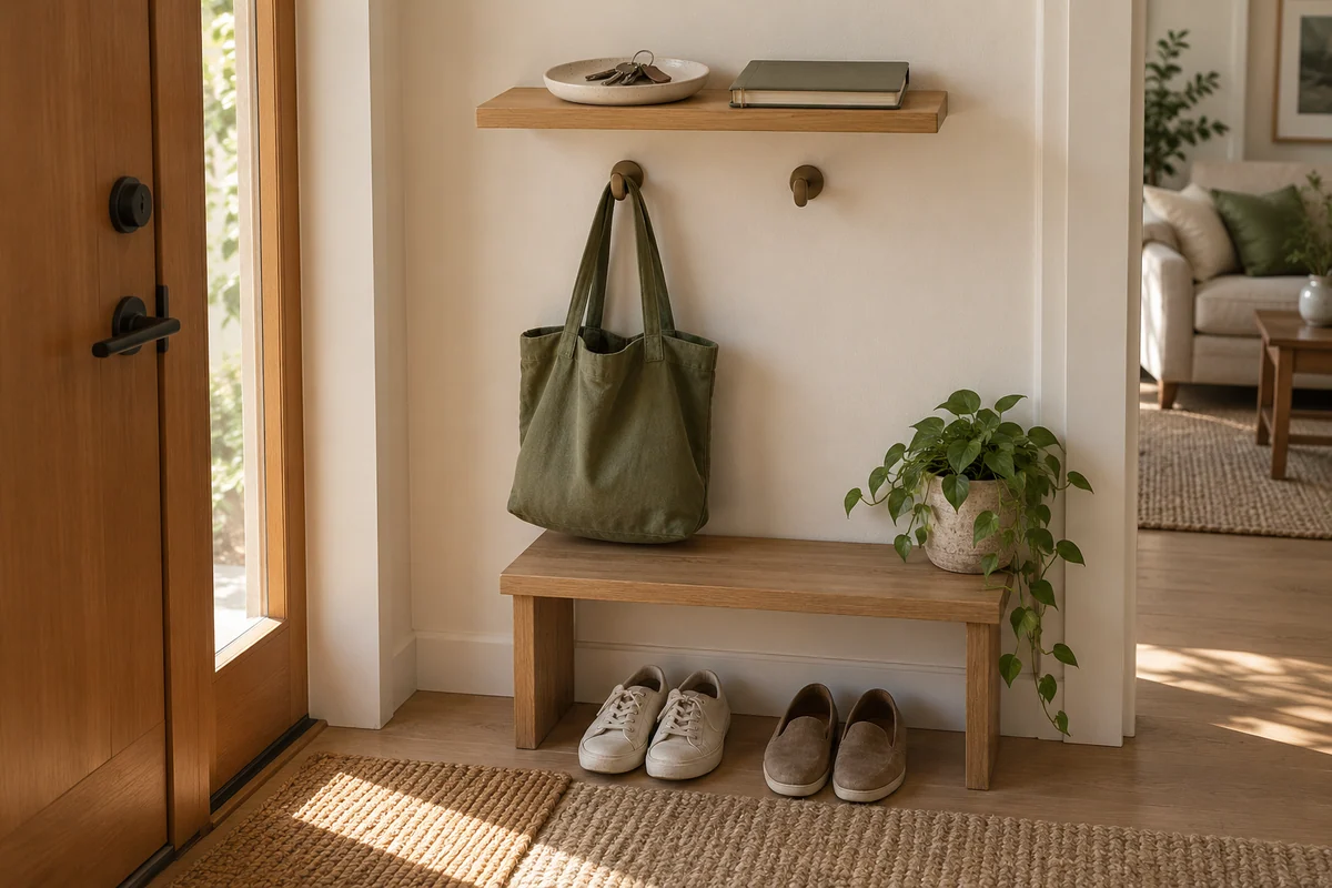 A compact entryway with a wood shelf, tray, tote and a small selection of shoes.