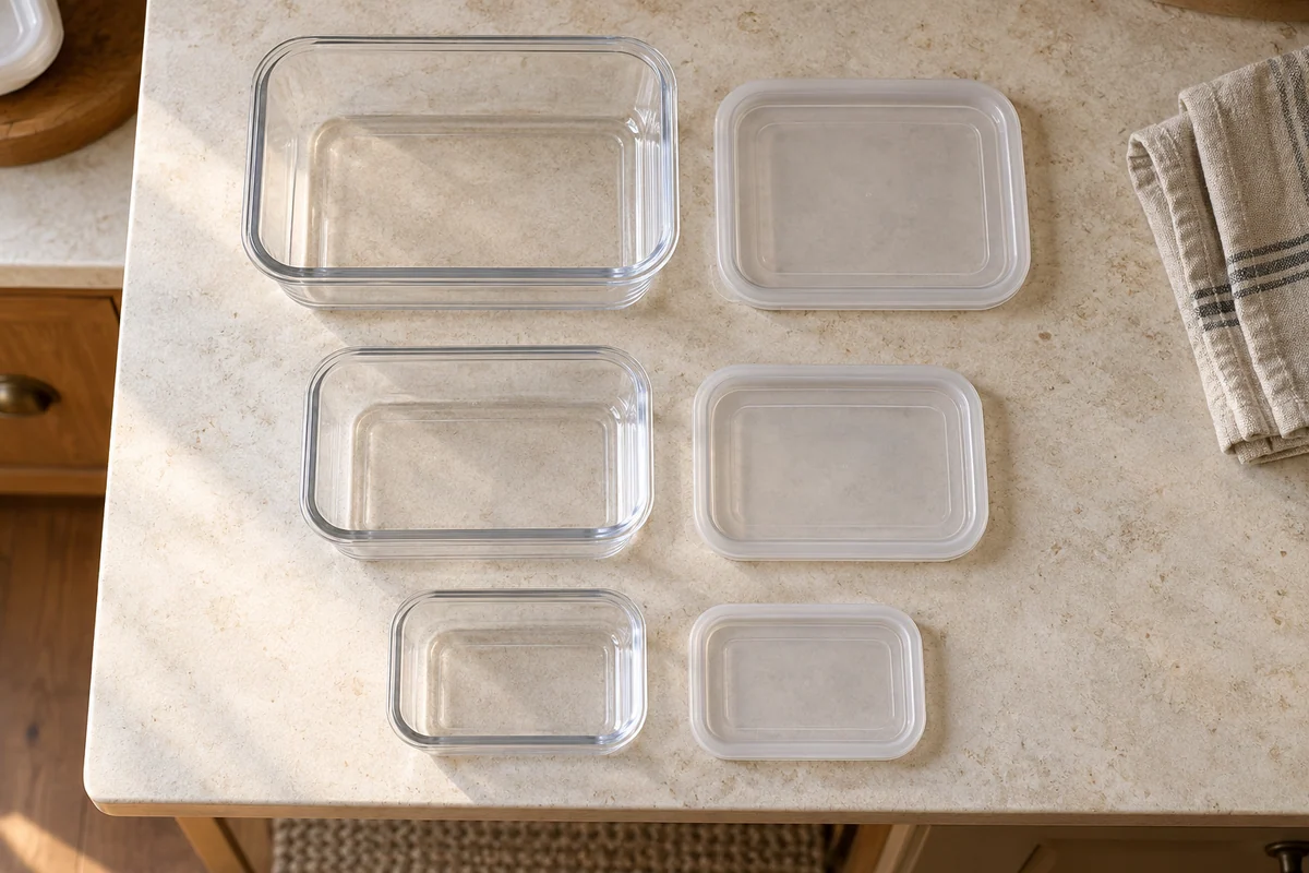 Three groups of food containers paired with their lids on a kitchen counter.