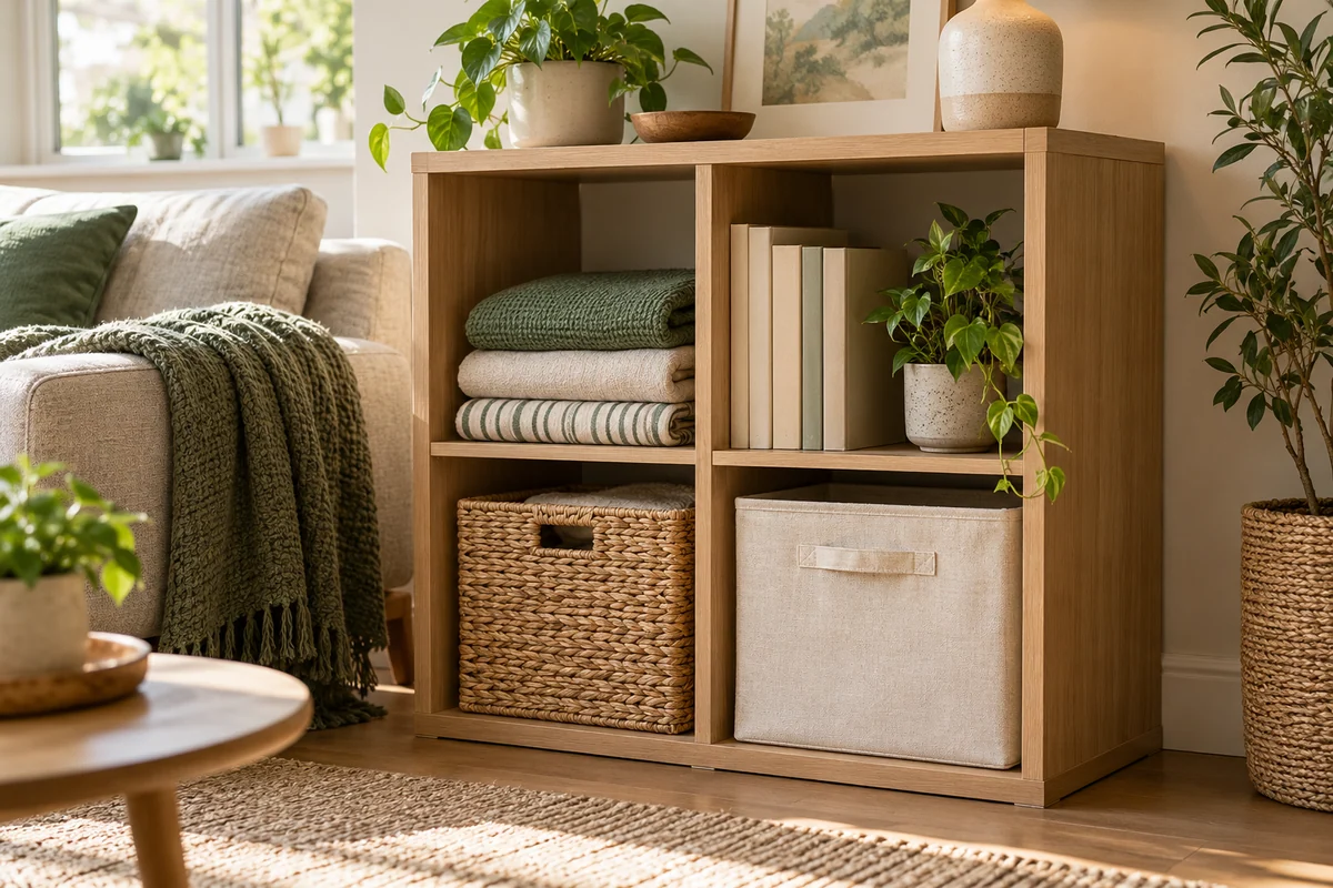A sunlit wooden cabinet with neatly arranged woven baskets, notebooks and folded linens.