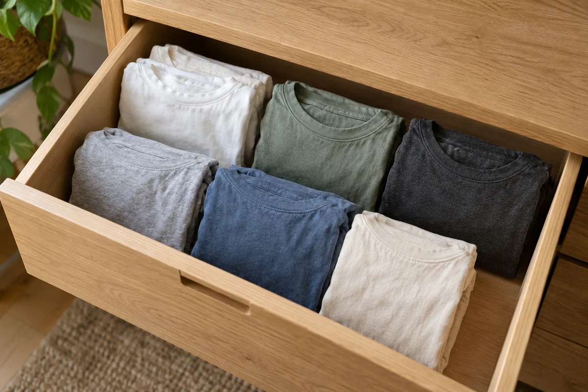 Folded clothing arranged in a shallow wooden drawer.